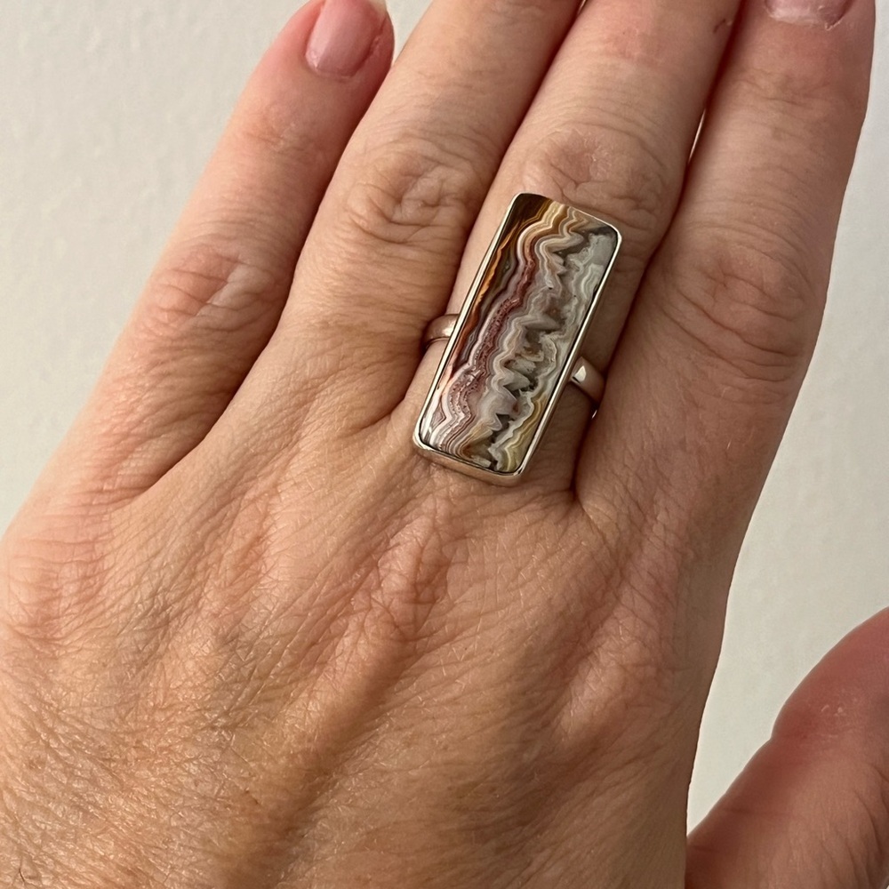 925 Solid Sterling Silver Crazy Lace Agate Gemstone Ring Size 9 - Picture 6 of 10